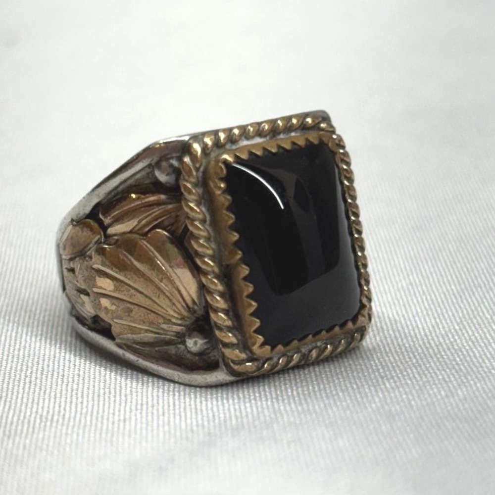 Carolyn Pollack Signet Ring Mens Size 8 Onyx Leaf Sterling Silver Good Mixed